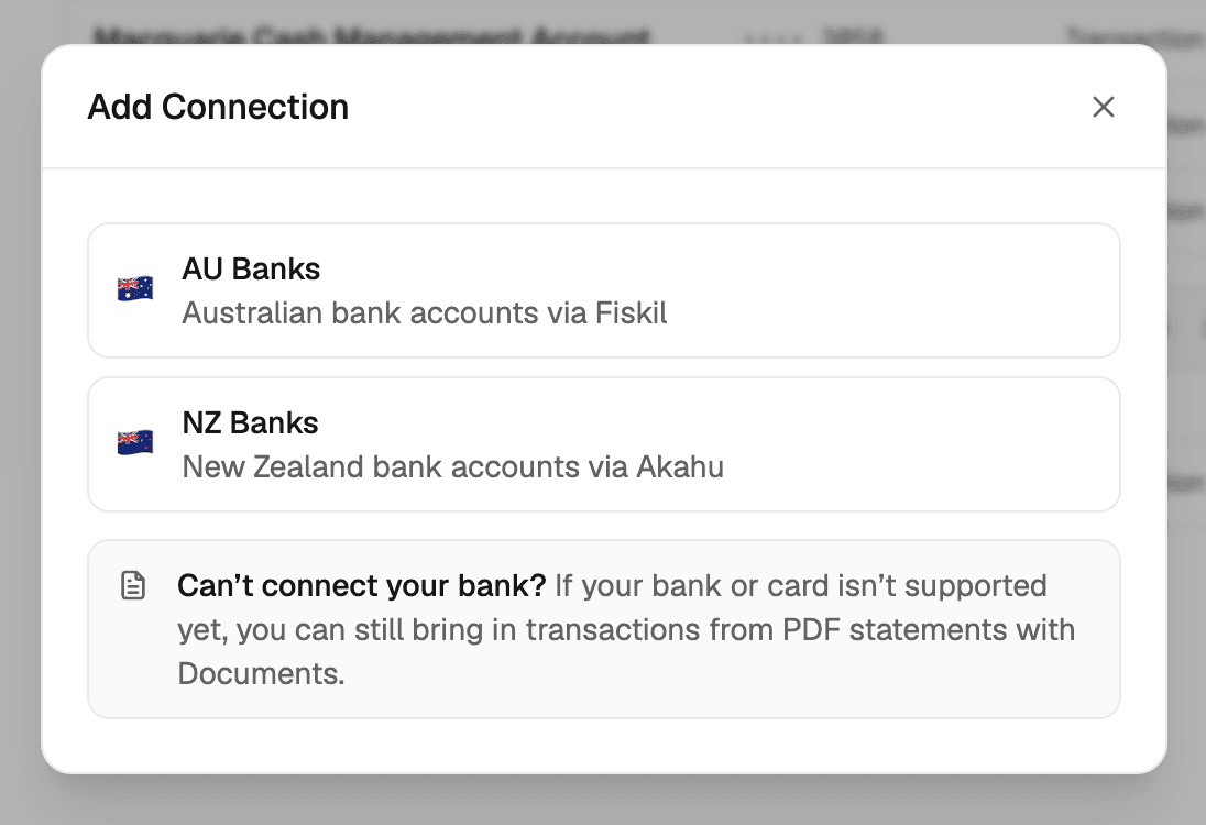 Add Connection dialog showing AU Banks, NZ Banks, and Documents