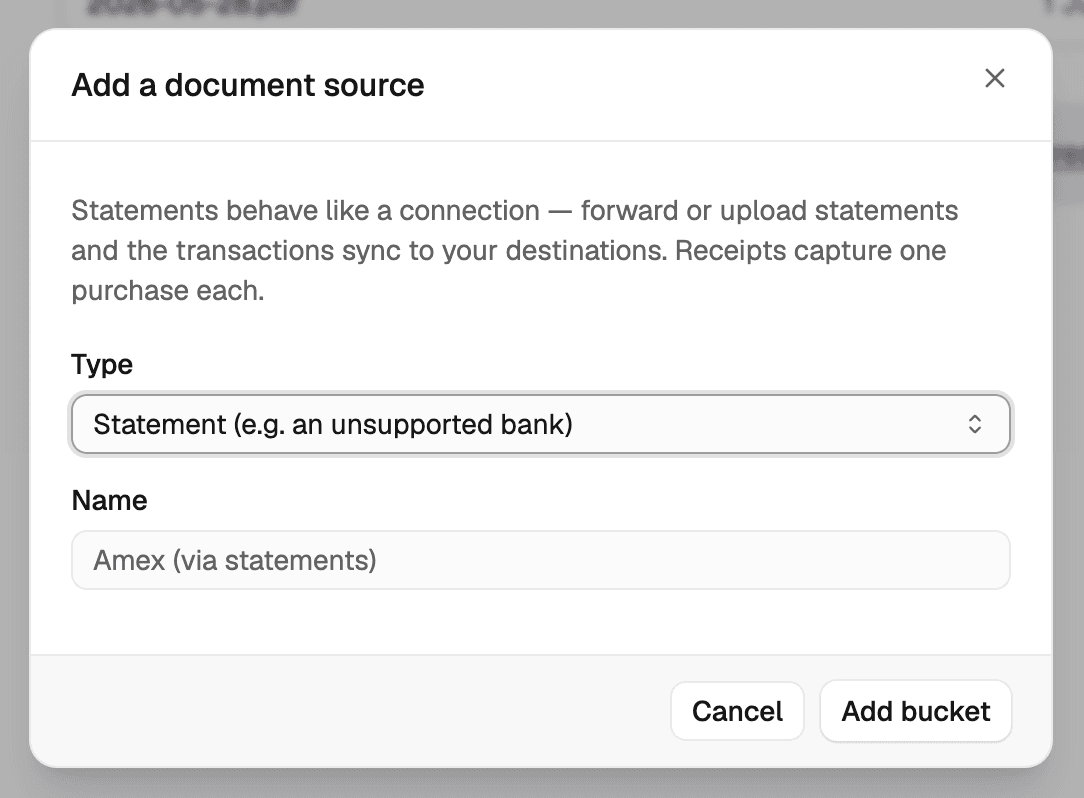 Adding a document source: choosing the Statement type and naming the bucket