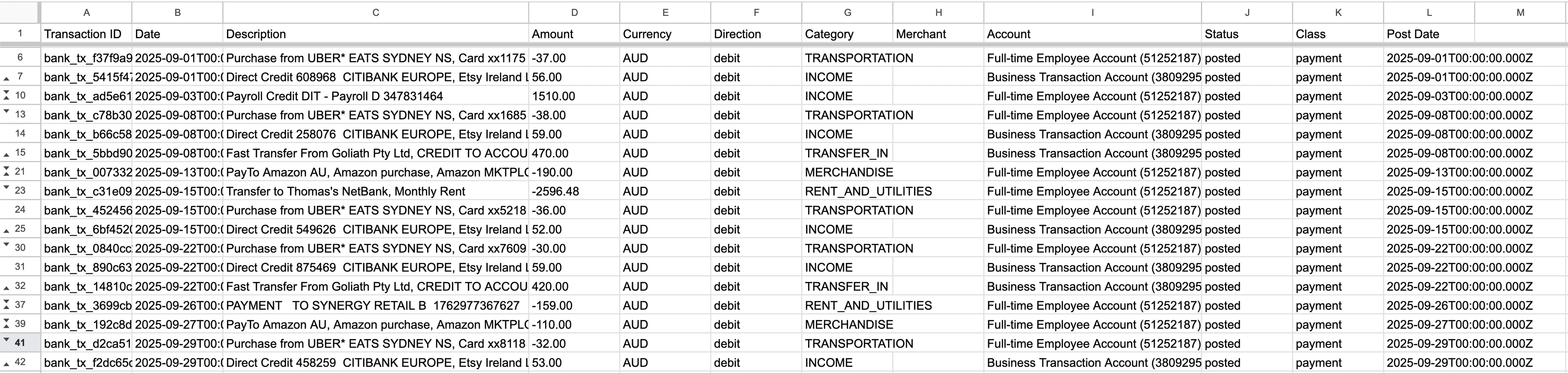 Synced transactions in Google Sheets