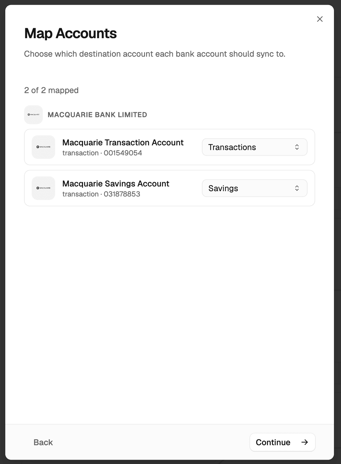 Map bank accounts to You Need a Budget accounts