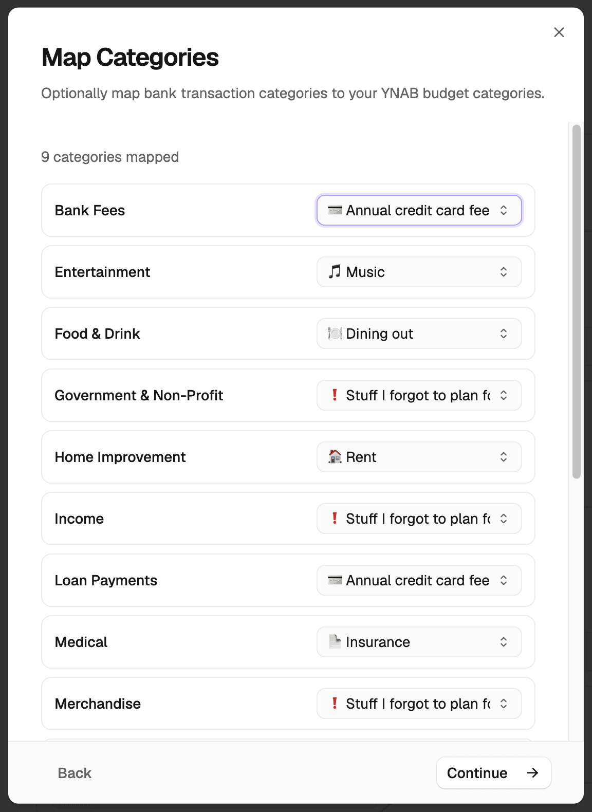 Map bank categories to You Need a Budget categories