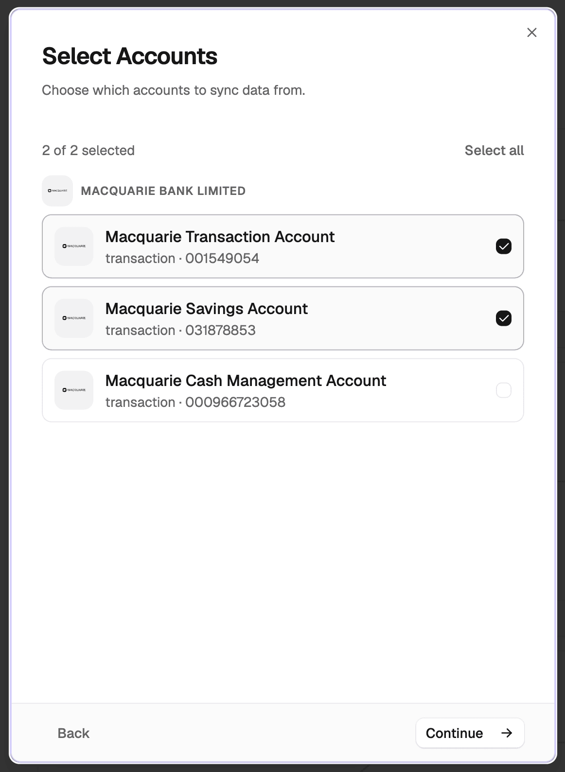 Select bank accounts to sync