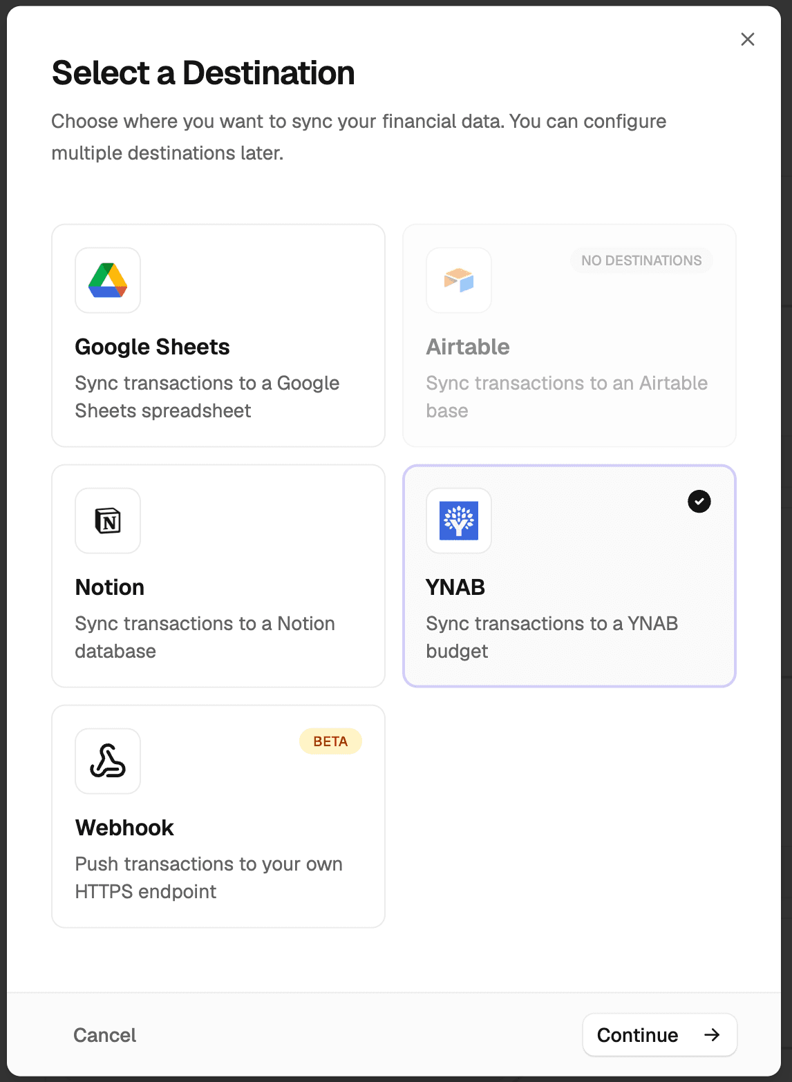 Select YNAB as destination type