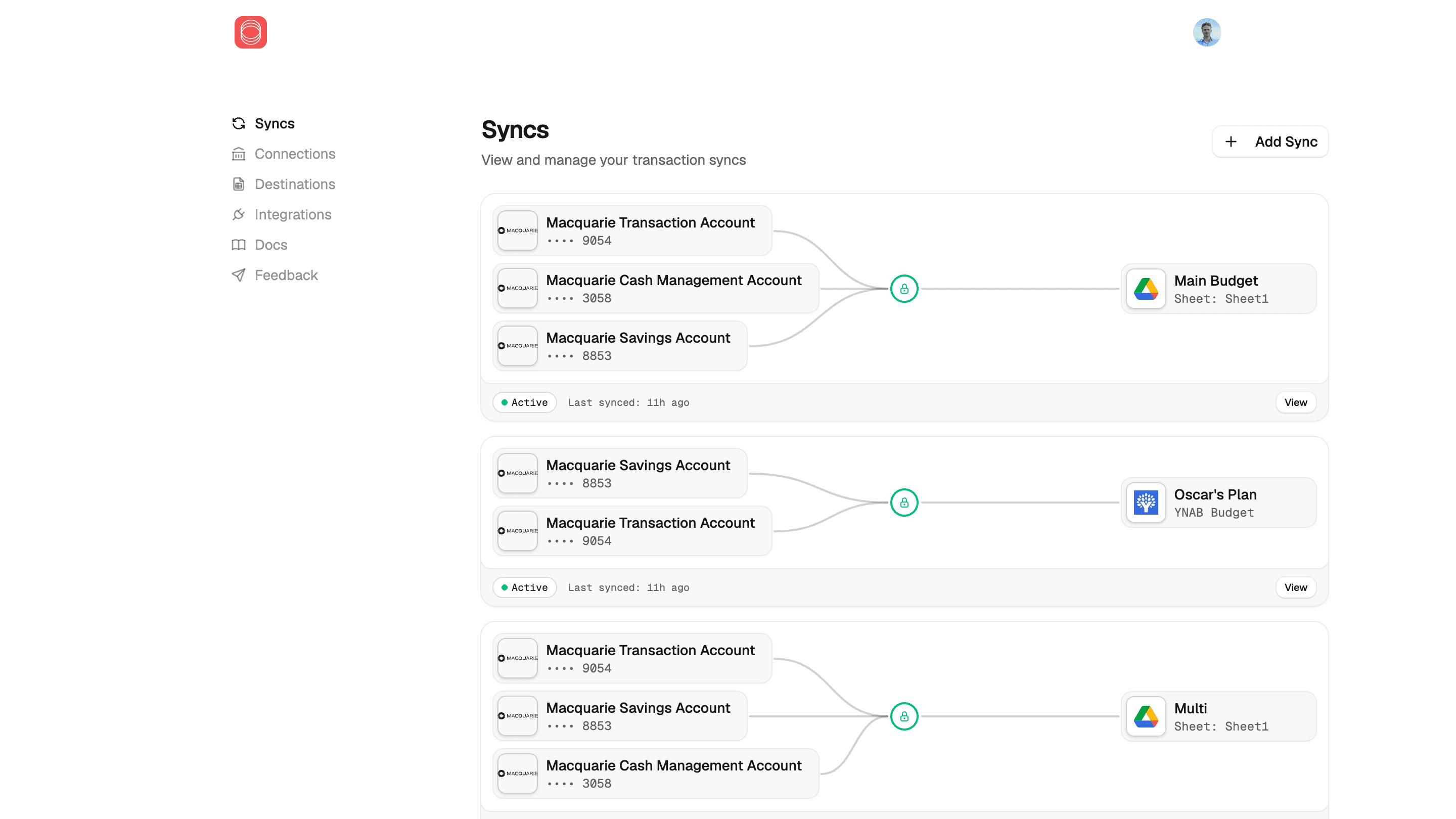 Redbark dashboard showing Australian bank accounts syncing to YNAB and Google Sheets