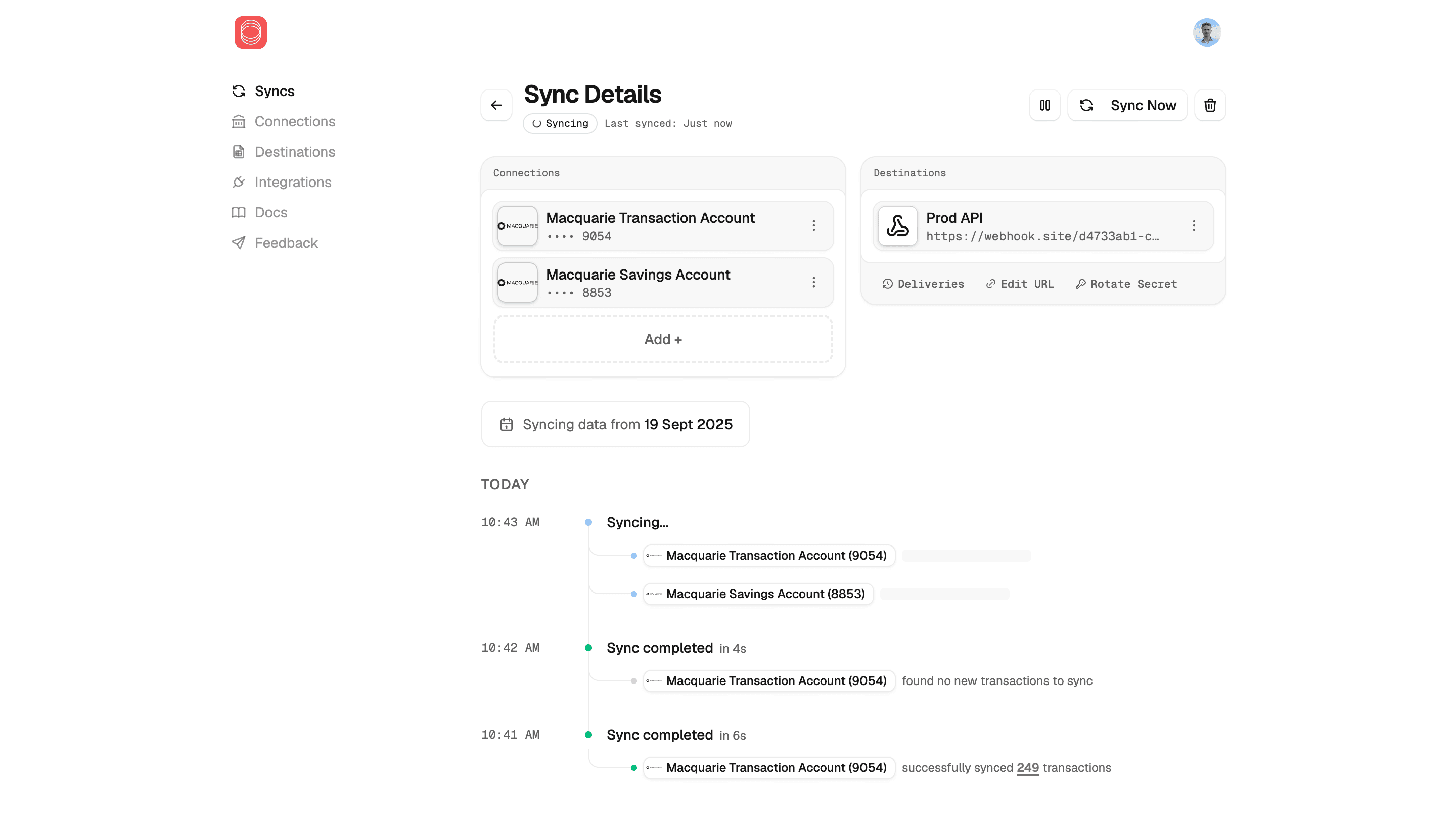 Redbark sync details showing webhook delivery logs